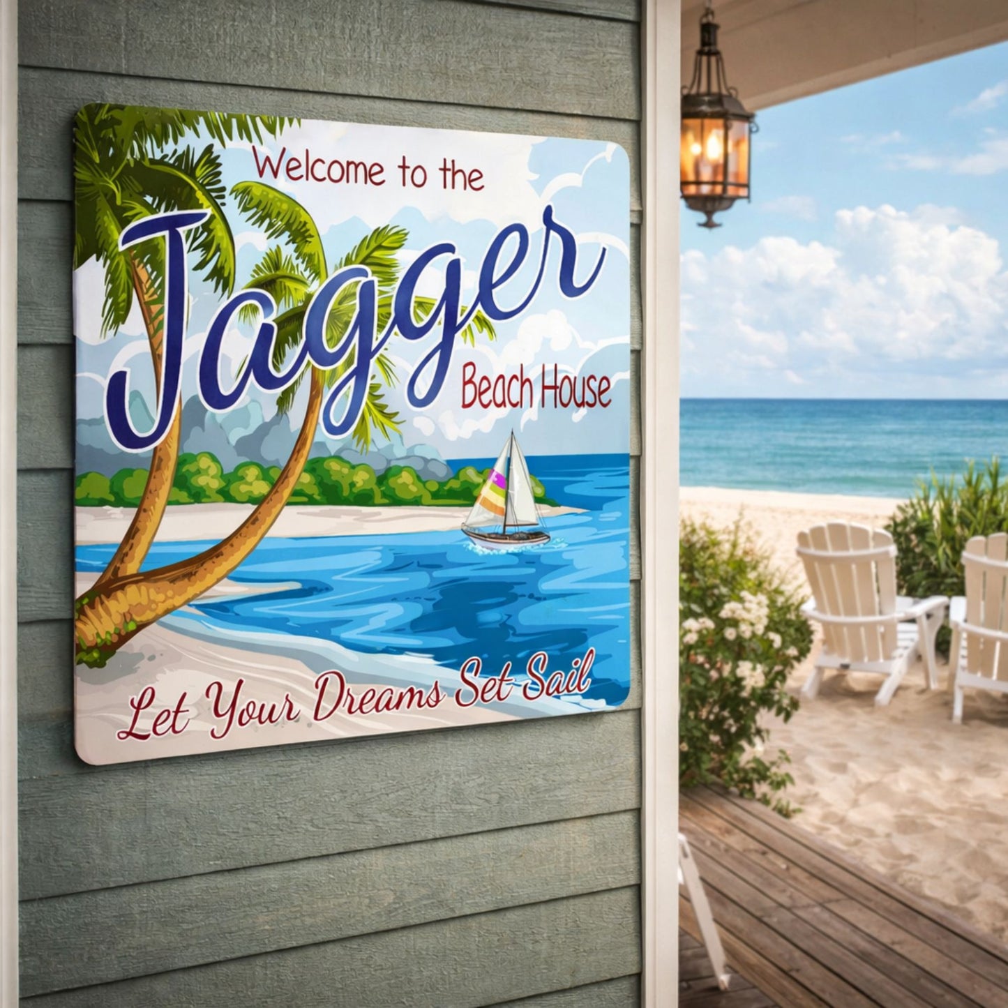 Personalized coastal beach house sign mounted on an exterior wall overlooking the ocean 
