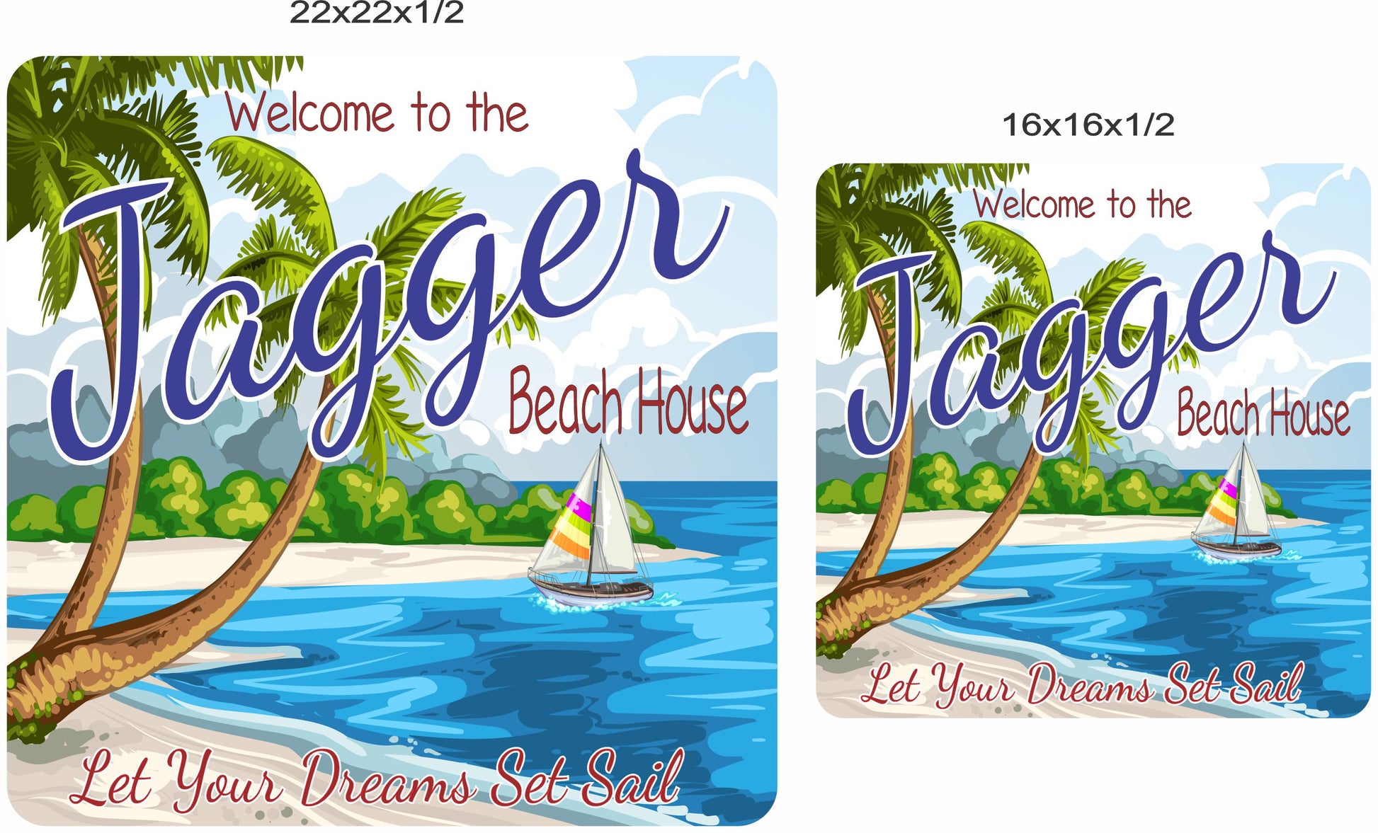 Personalized beach house wall sign shown in 16x16 and 22x22 inch square sizes side by side