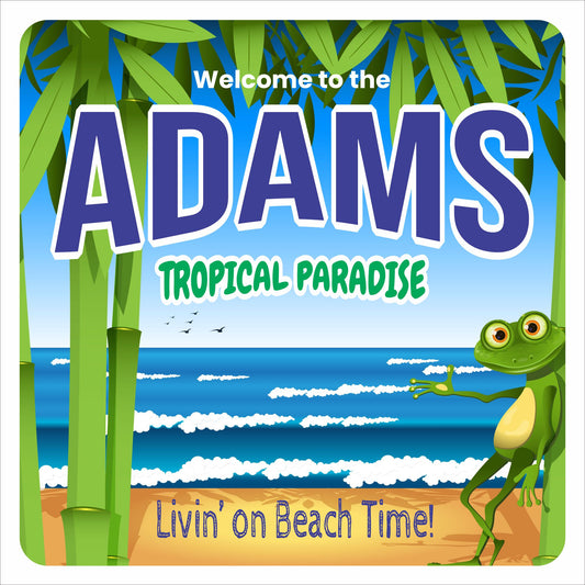 Personalized tropical paradise sign with beach scene, bamboo accents, and frog illustration
