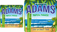 Personalized welcome sign with a waving frog and crashing ocean waves, featuring editable text
