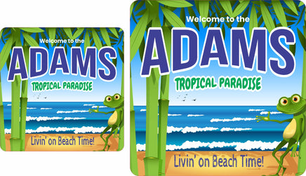 Personalized welcome sign with a waving frog and crashing ocean waves, featuring editable text