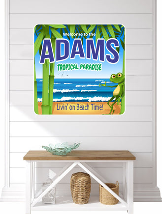Personalized welcome sign with a waving frog and crashing ocean waves, featuring editable text