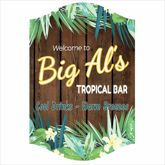 Personalized tropical bar sign with palm leaves and custom bar name