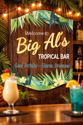 Tropical bar wall sign displayed in island-style home bar setting