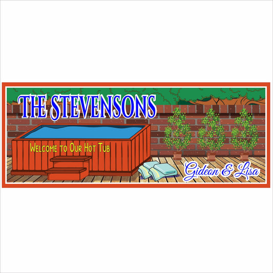 Personalized hot tub sign with illustrated backyard spa scene and custom family name