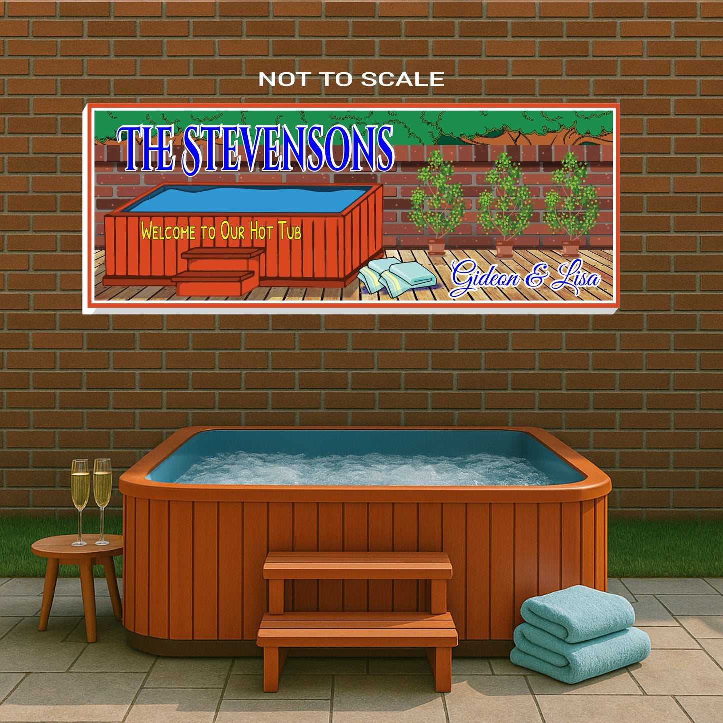 Custom hot tub sign displayed above an outdoor spa in a cozy backyard setting