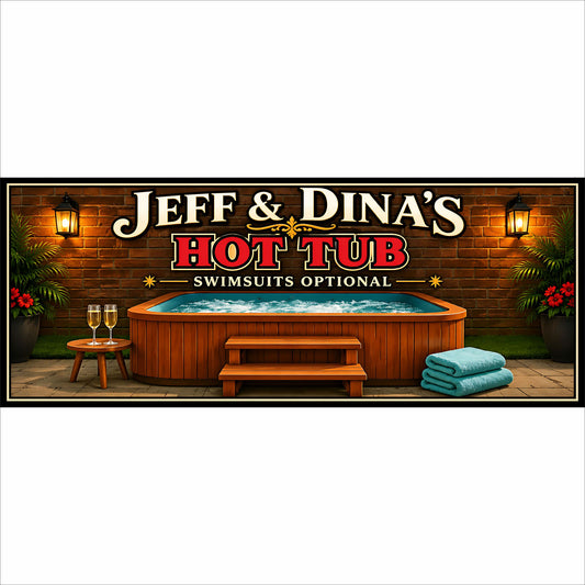 Personalized hot tub sign with custom names, brick background, lanterns, spa, towels and Swimsuits Optional wording.