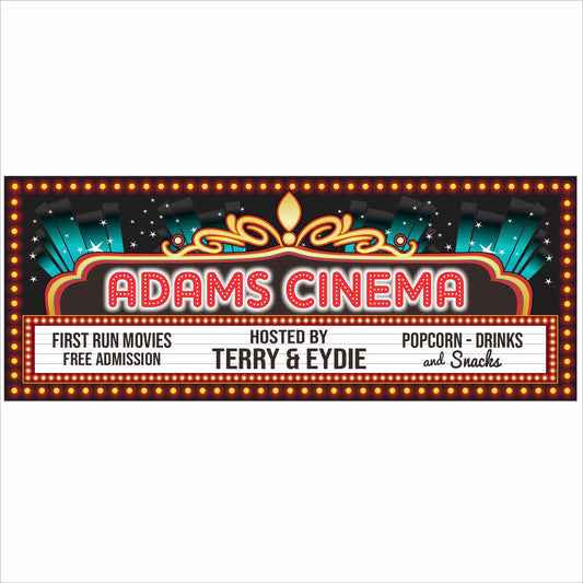 Personalized home theater sign with vintage cinema marquee design and custom name