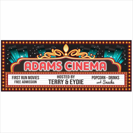 Personalized home theater sign with vintage cinema marquee design and custom name