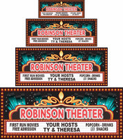 Personalized home theater sign with faux flashbulb border, editable text, and Art Deco style, does not light up
