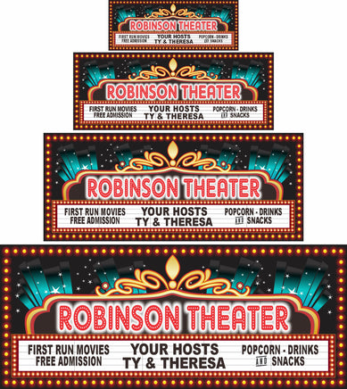 Personalized home theater sign with faux flashbulb border, editable text, and Art Deco style, does not light up