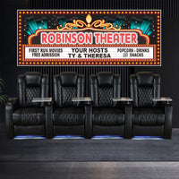 Personalized home theater sign with faux flashbulb border, editable text, and Art Deco style, does not light up