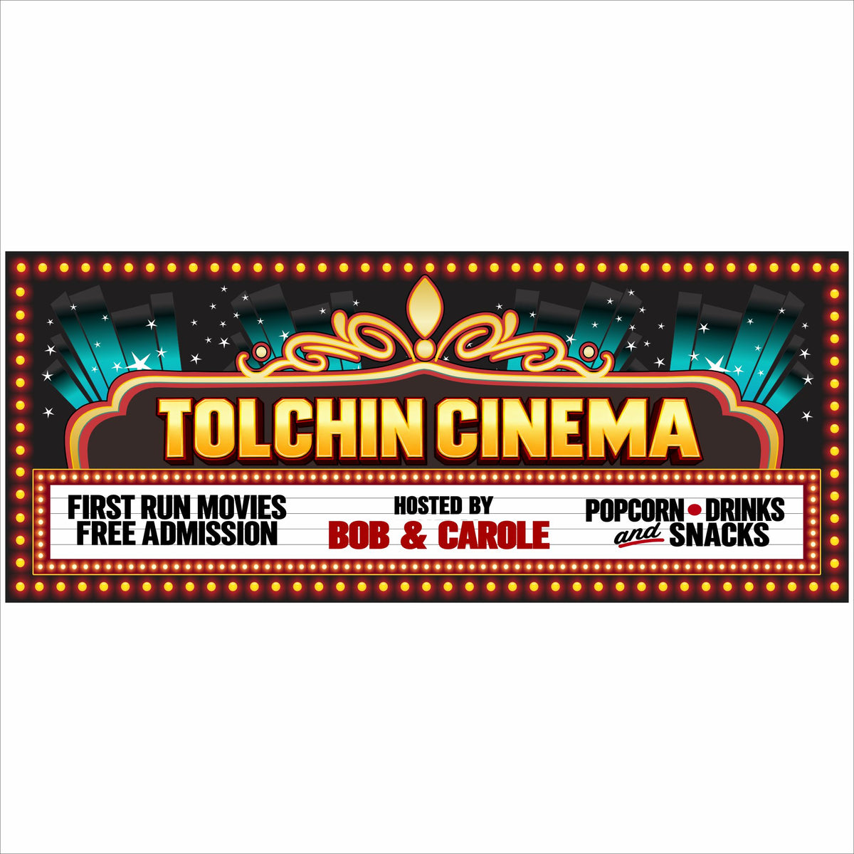 Personalized home theater cinema marquee sign with customizable cinema name and marquee wording.