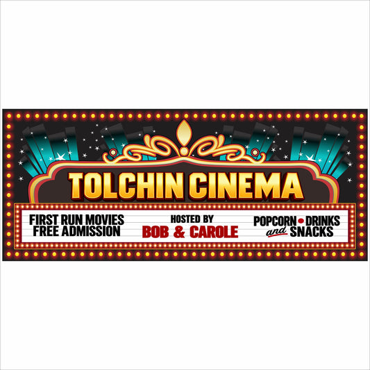 Personalized home theater cinema marquee sign with customizable cinema name and marquee wording.