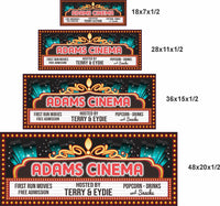 Personalized cinema sign shown in four available sizes for home theater wall display