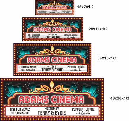 Personalized cinema sign shown in four available sizes for home theater wall display