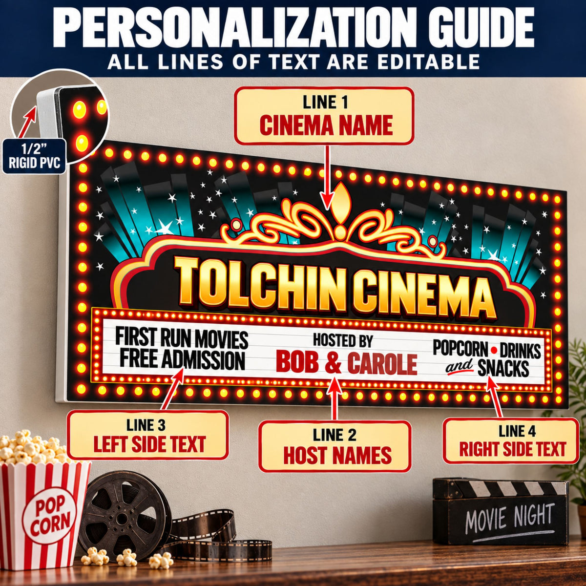 Personalization guide showing editable cinema name, host names, left marquee text and right marquee text.