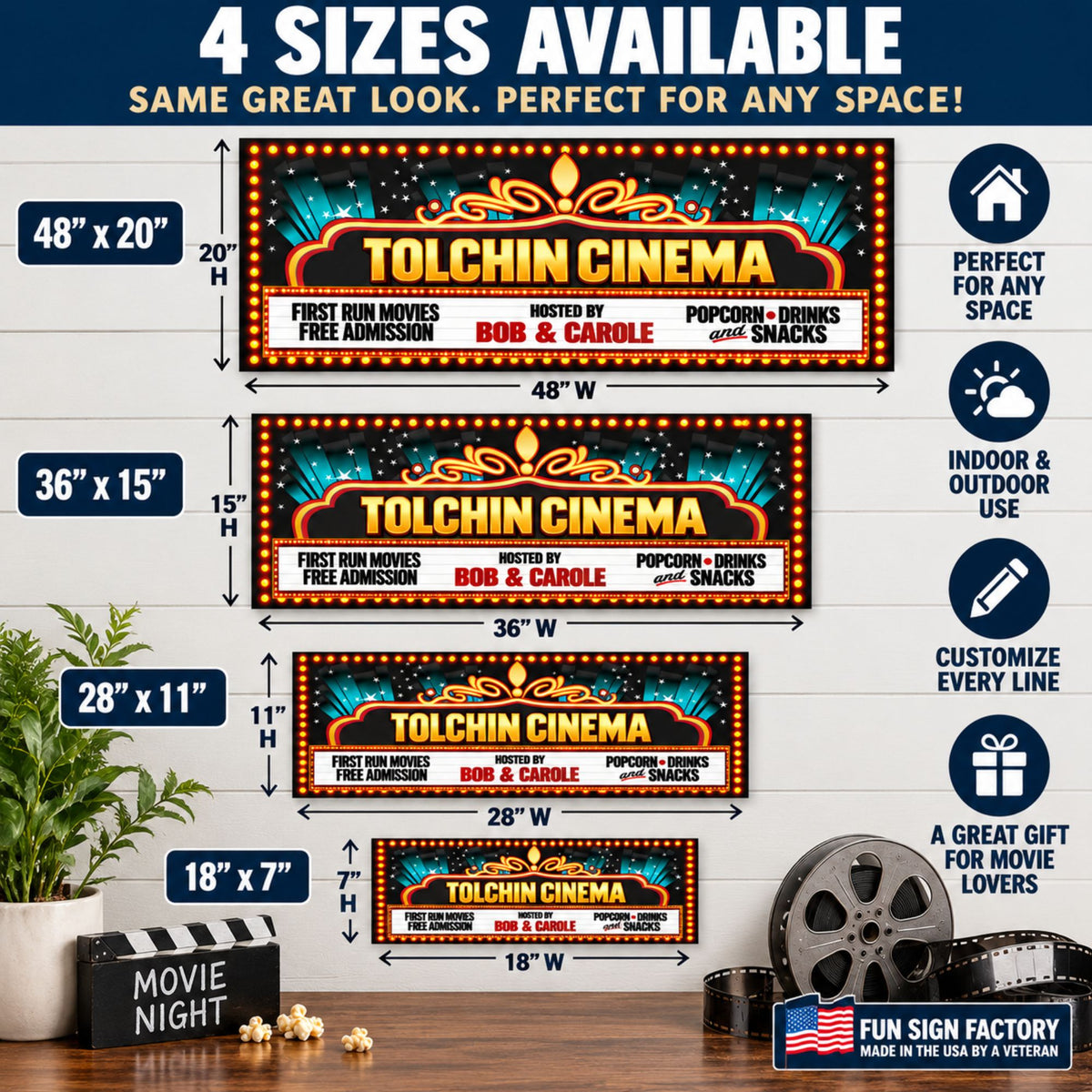 Custom home theater cinema sign shown in 18×7, 28×11, 36×15 and 48×20 inch sizes.