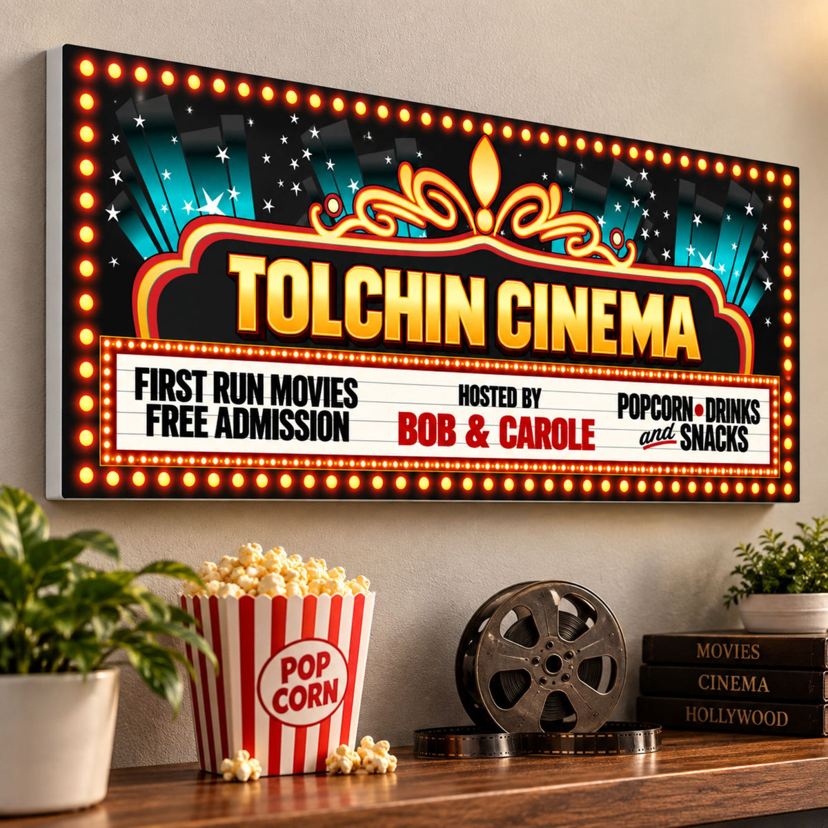 Custom home theater cinema sign displayed on a wall with movie decor and visible rigid PVC edge.