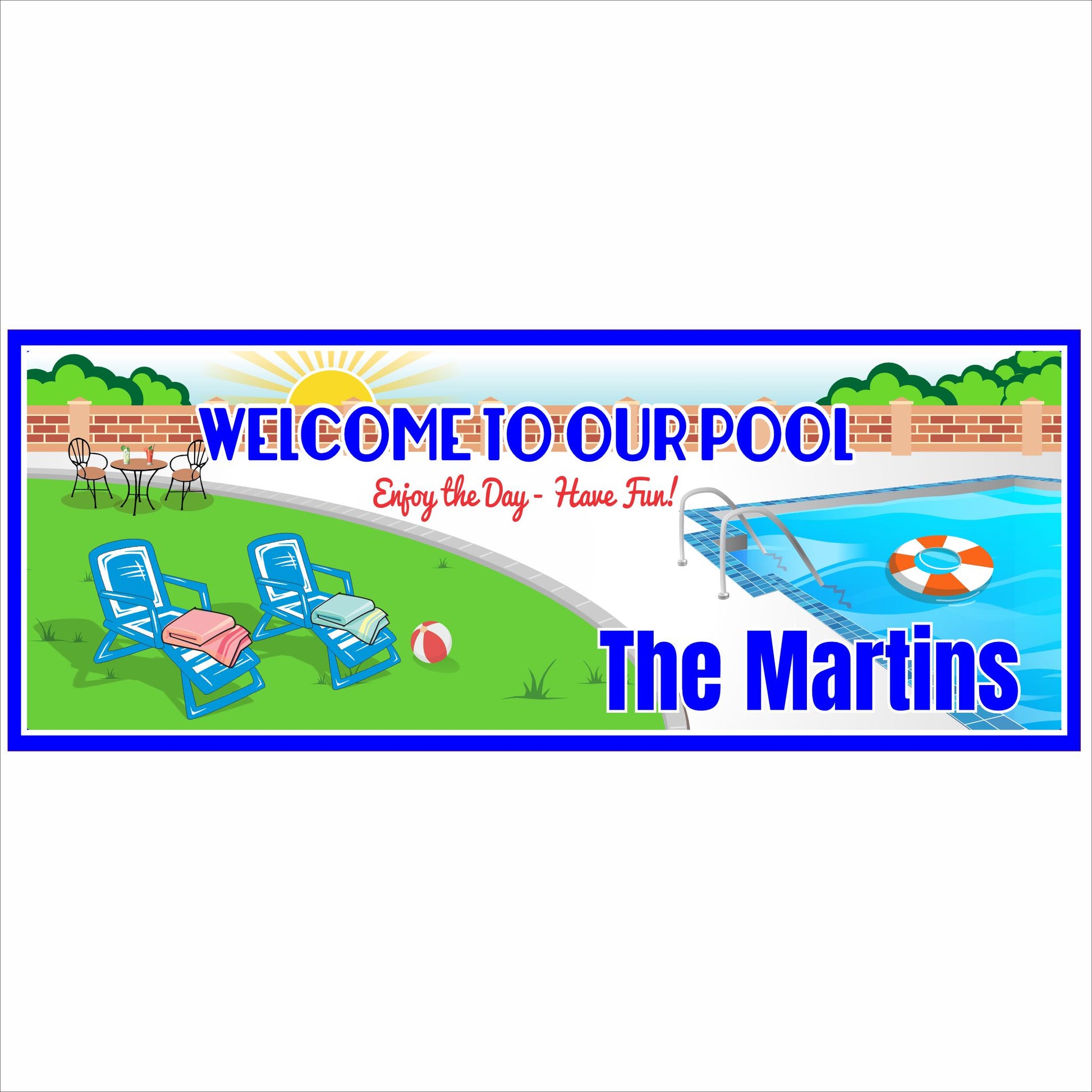 Personalized pool sign with poolside illustration and custom family name printed on rigid PVC