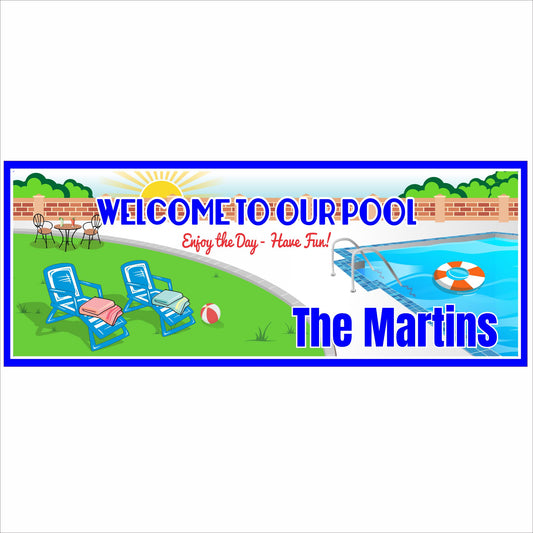 Personalized pool sign with poolside illustration and custom family name printed on rigid PVC