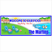 Personalized pool sign with poolside illustration and custom family name printed on rigid PVC