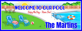 Custom swimming pool welcome sign with colorful backyard scene, editable text, pool, loungers, beach ball, life preserver, patio furniture, lawn, and bright sun