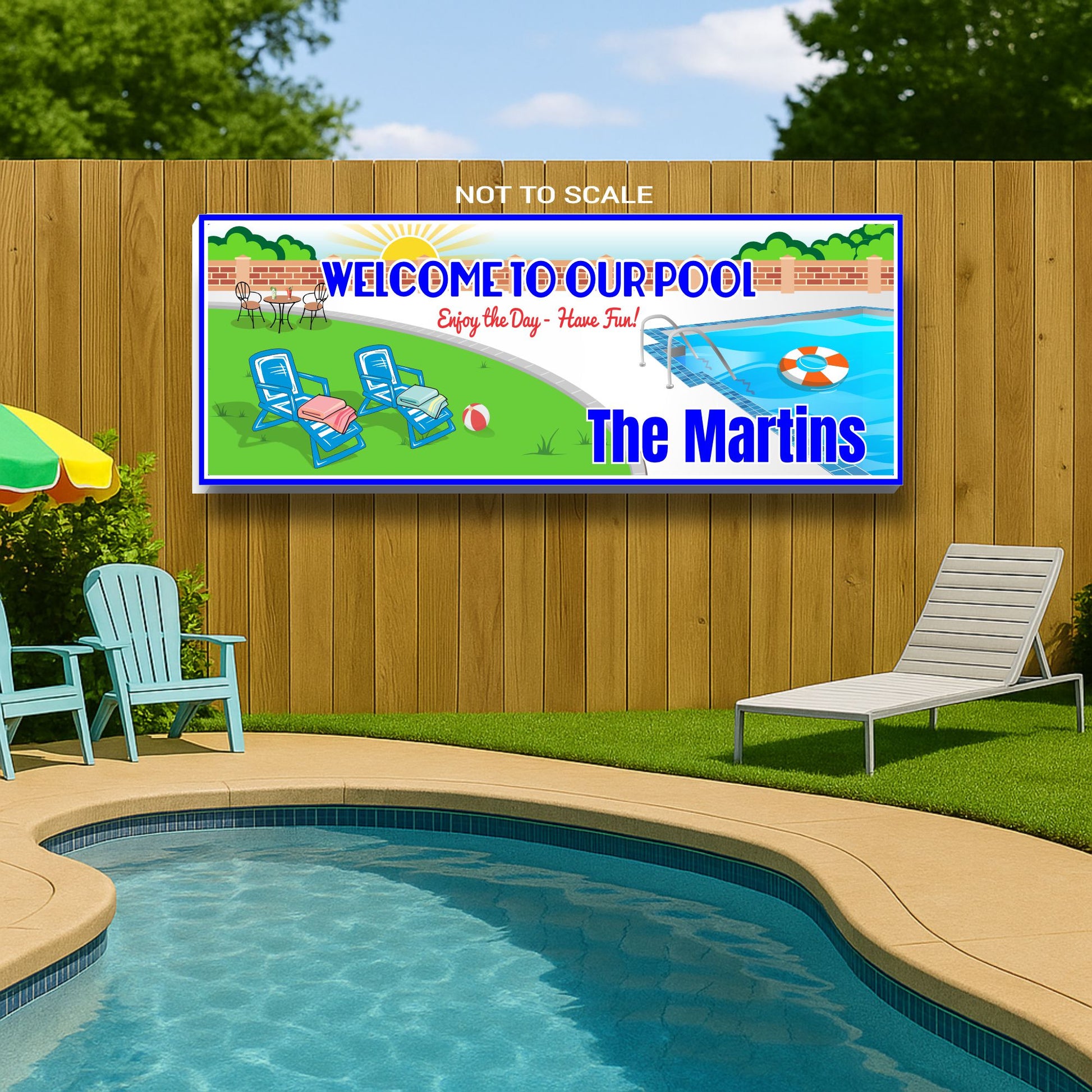 Custom pool sign mounted on backyard fence beside swimming pool