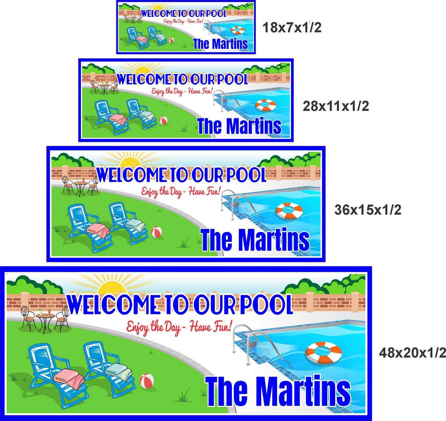 Personalized pool sign shown in four available sizes from 18x7 to 48x20 inches