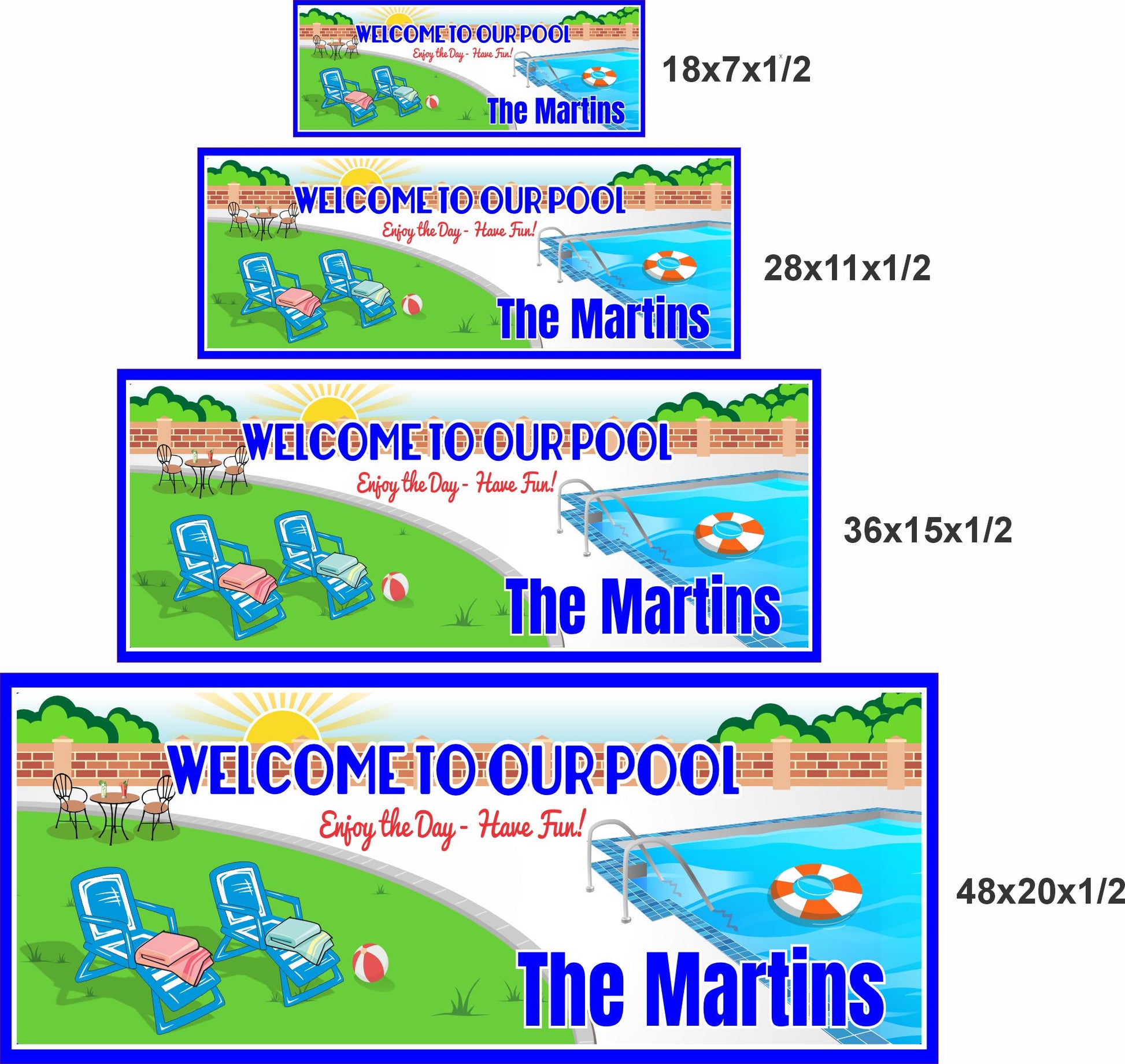 Personalized pool sign shown in four available sizes from 18x7 to 48x20 inches