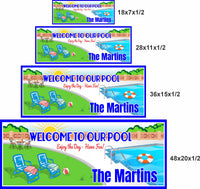 Personalized pool sign shown in four available sizes from 18x7 to 48x20 inches