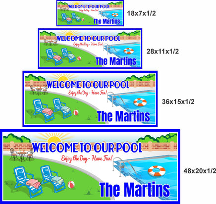 Personalized pool sign shown in four available sizes from 18x7 to 48x20 inches