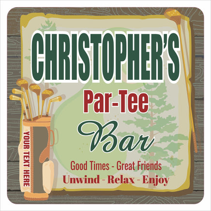 Square personalized golf bar sign printed on durable vinyl and mounted to rigid PVC with vintage golf graphics and custom text