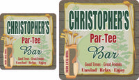 Personalized Par-Tee Bar Golf Sign with golf clubs, golf bag, and faux wood background, featuring editable text