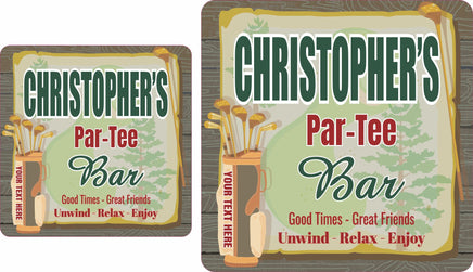Personalized Par-Tee Bar Golf Sign with golf clubs, golf bag, and faux wood background, featuring editable text