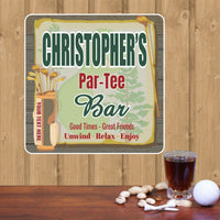 Personalized Par-Tee Bar Golf Sign with golf clubs, golf bag, and faux wood background, featuring editable text
