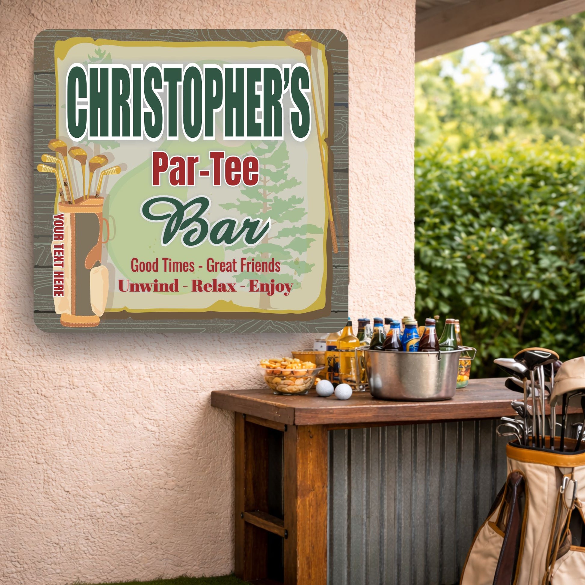 Personalized golf bar sign displayed near an outdoor home bar with golf décor