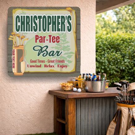 Personalized golf bar sign displayed near an outdoor home bar with golf décor