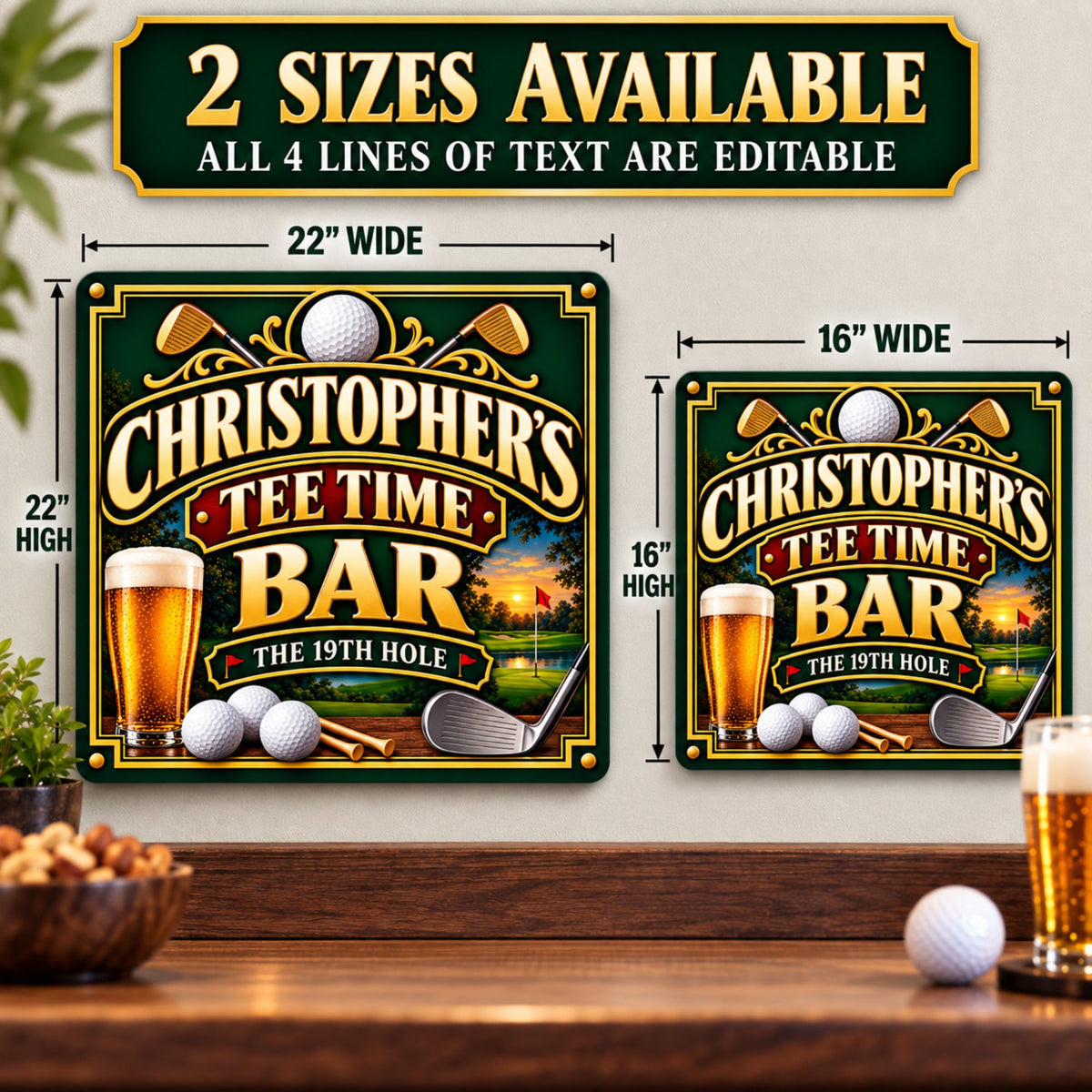 Two available square personalized golf sign sizes shown for comparison: 16x16 and 22x22 inches.
