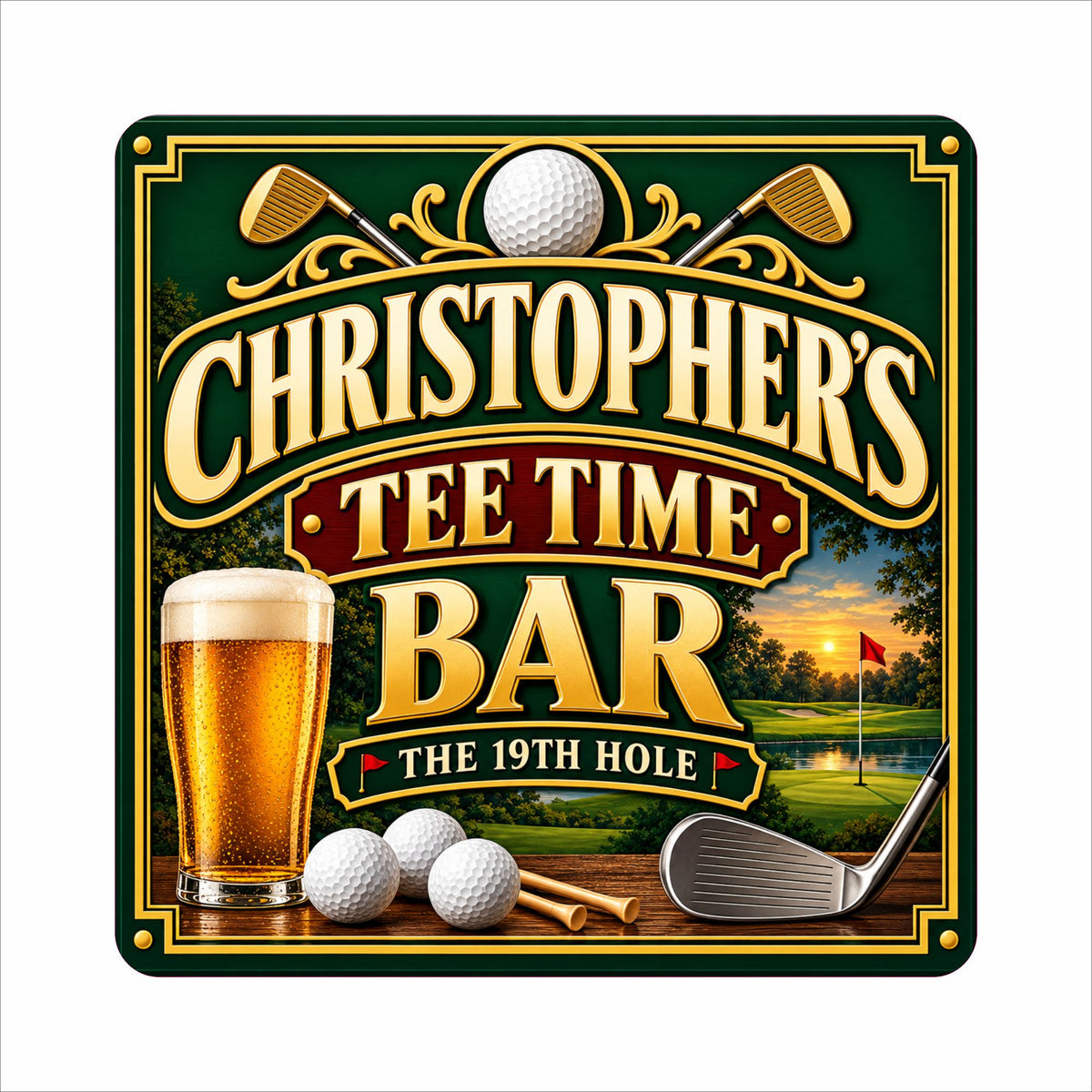 Personalized golf bar sign featuring a scenic golf course, beer, golf balls and clubs in a green, red and gold design.