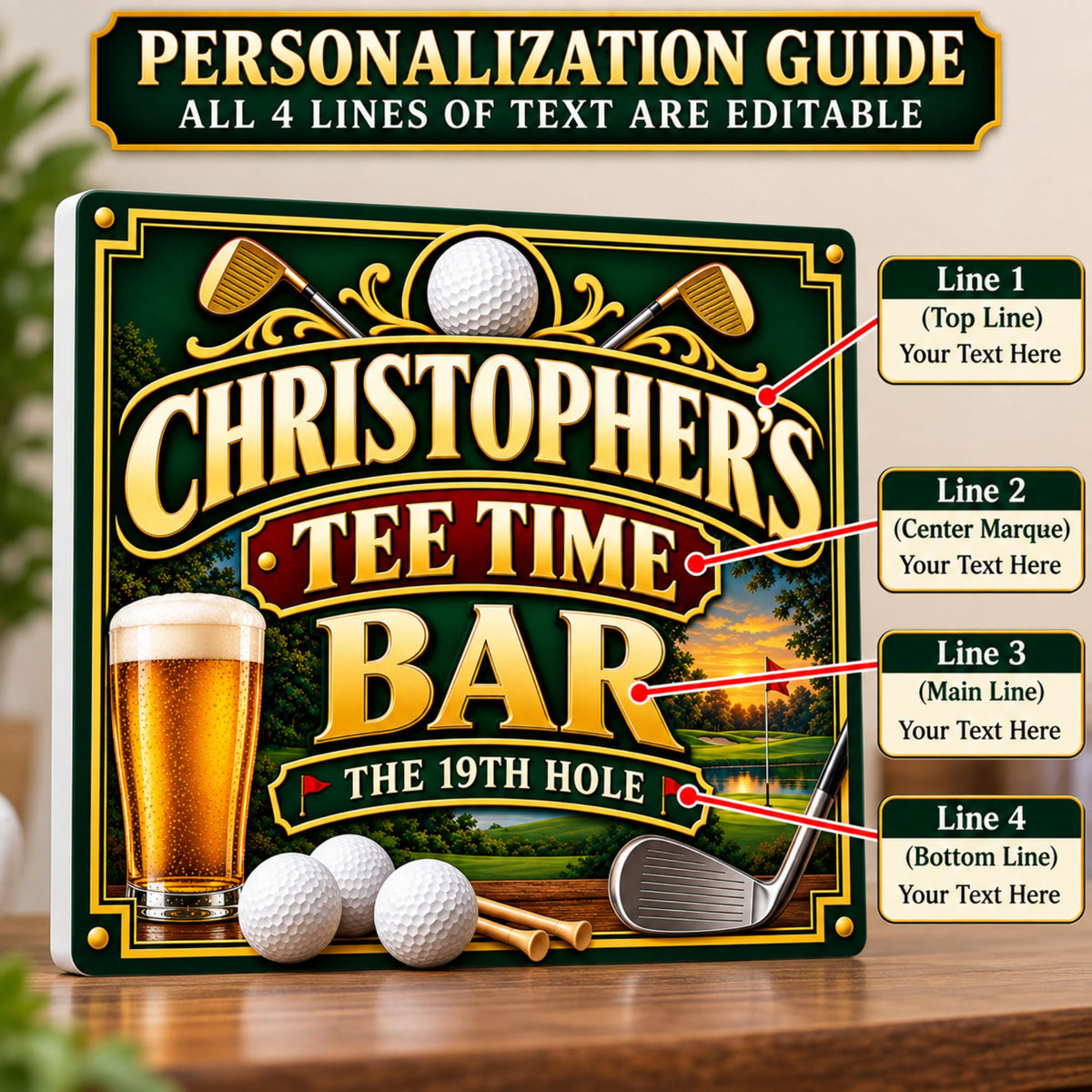 Personalization guide showing four editable text areas on a custom golf bar sign.