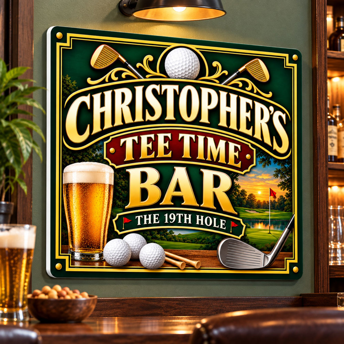 Personalized golf bar sign displayed on a home bar wall with golf-themed decor and a subtle white PVC edge visible.