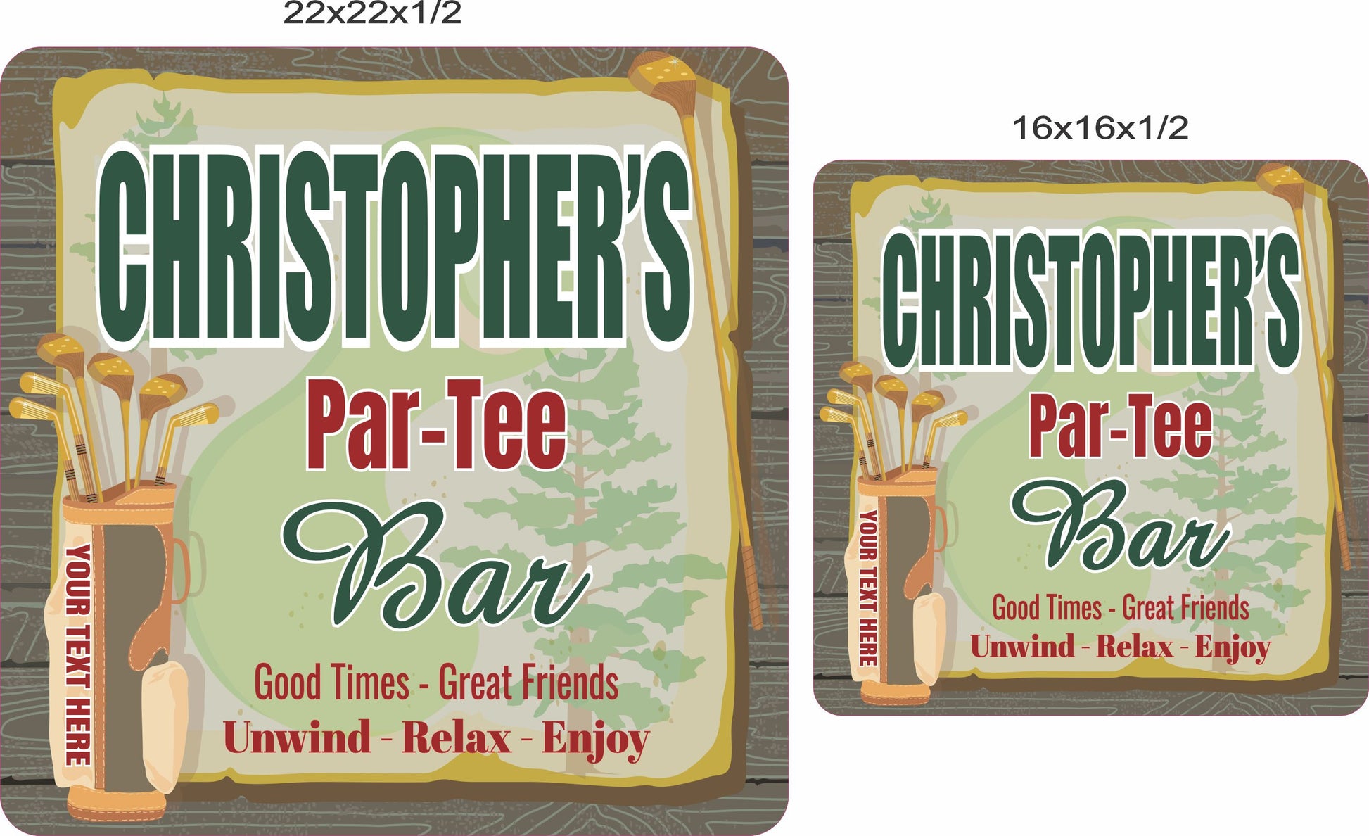 Golf bar sign shown in 16x16 and 22x22 inch size options