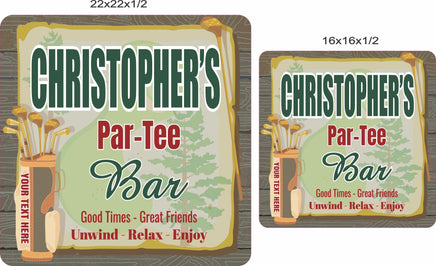 Golf bar sign shown in 16x16 and 22x22 inch size options