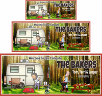 Personalized cartoonish campsite sign with RV, couple, dog, picnic table, and barbecuing scene, featuring editable text