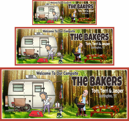 Personalized cartoonish campsite sign with RV, couple, dog, picnic table, and barbecuing scene, featuring editable text