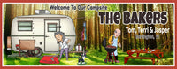 Personalized cartoonish campsite sign with RV, couple, dog, picnic table, and barbecuing scene, featuring editable text
