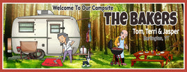 Personalized cartoonish campsite sign with RV, couple, dog, picnic table, and barbecuing scene, featuring editable text