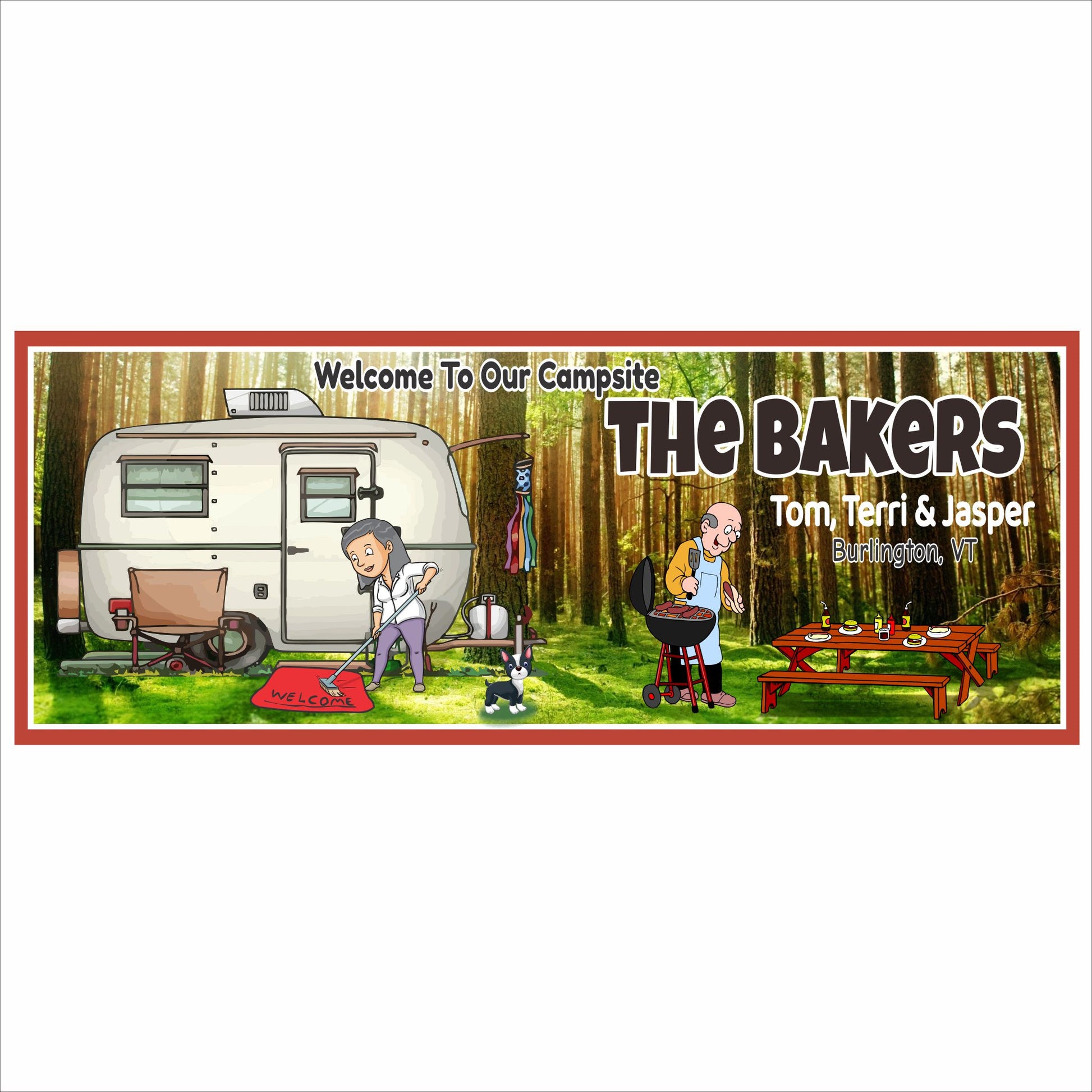 Personalized cartoon campsite sign with RV, couple, dog, picnic table, and barbecuing scene, featuring editable text
