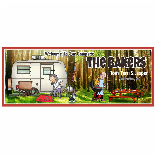 Personalized cartoon campsite sign with RV, couple, dog, picnic table, and barbecuing scene, featuring editable text